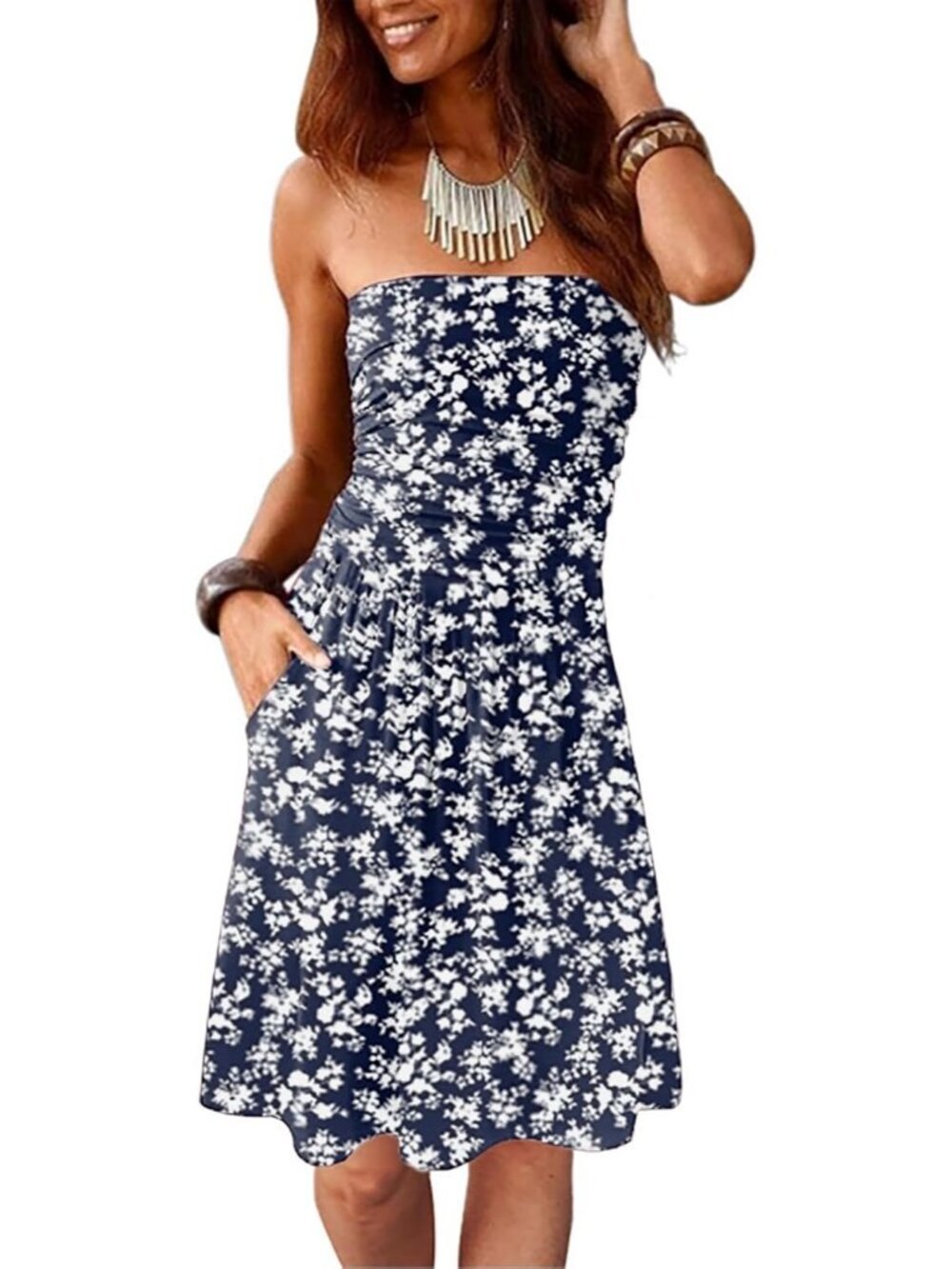 Women's Navy Blue Floral Strapless Summer Cover Backless Sunny Beach Mini Dress